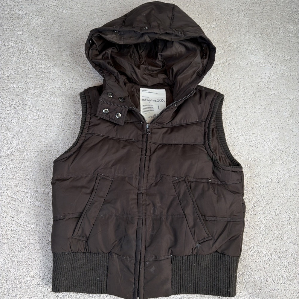 Women's Vintage Aeropostale Large Brown Puffer Vest Full Zip With Hood Y2K 2000s